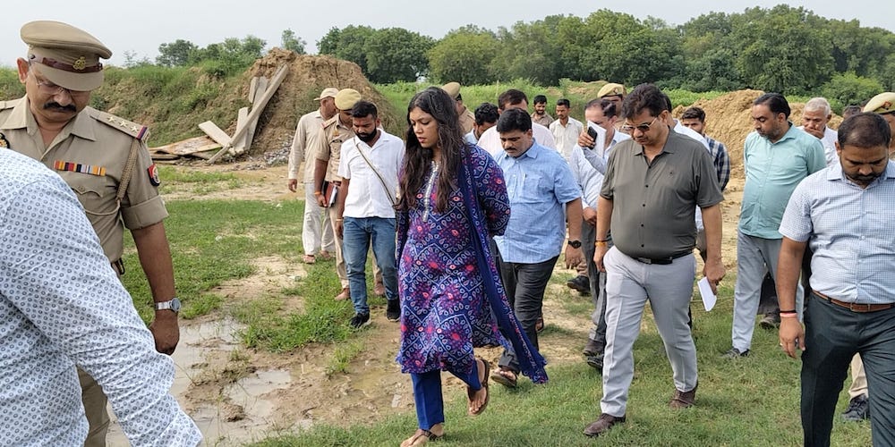 Medha Roopam- the new DM of Noida during a field tour